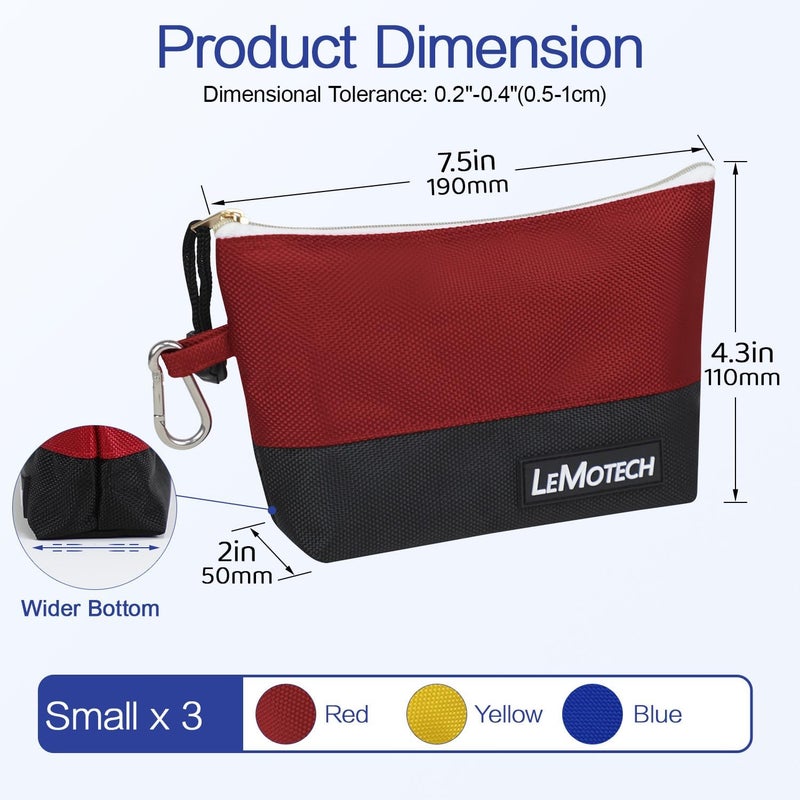 LeMotech Tool Pouches with Zipper, Water Resistant Small Tool Bags, 1680D Oxford Utility Bag for Tool Organizers and Storage, Red/Yellow/Blue 3 Pack - Image 4